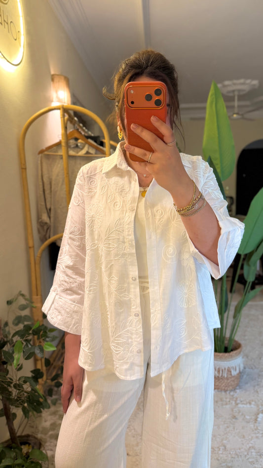 White Floral Embroidered Cotton Shirt