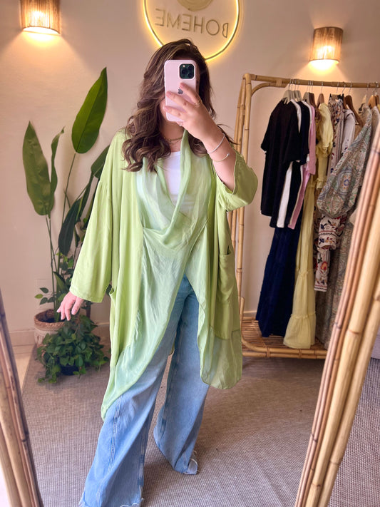 Italian Draped Collar Pistachio Cardigan Top With Pockets
