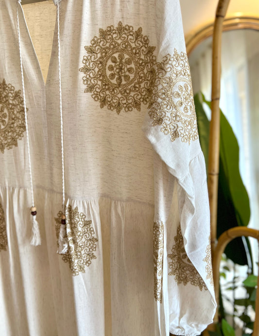 Off White Boho Dress With Golden Threads Embroidery & Tassels