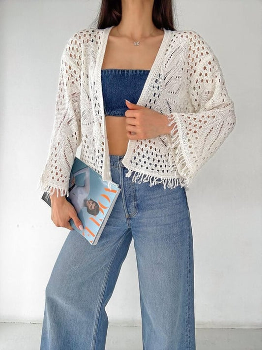 Off White Crochet Cardigan With Fringes