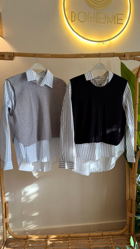 Black Vest With Ties + Striped Black Cotton Shirt