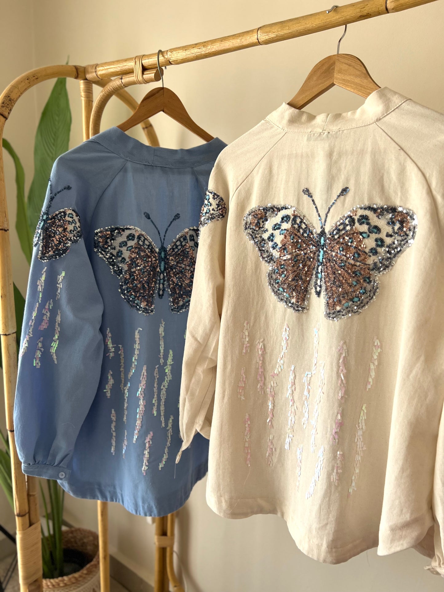Linen Embroidered Butterfly Blue Kimono