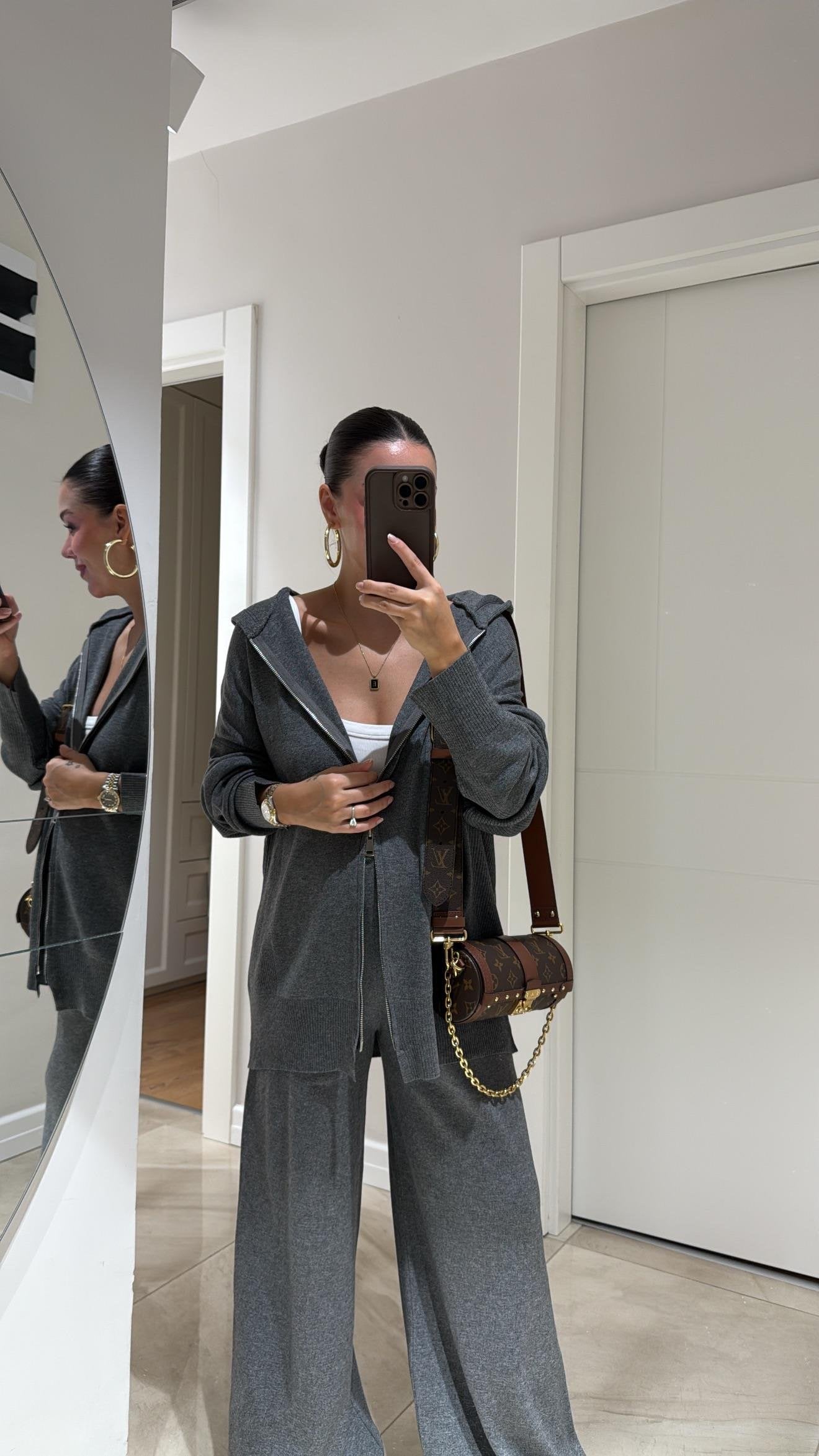 Grey Triko Double Zip-Up Hoodie Set