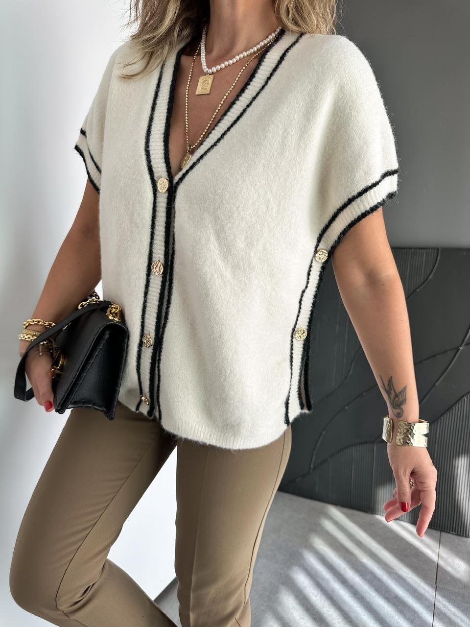 Cream Striped Black Vest With Golden Buttons