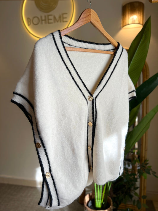 Cream Striped Black Vest With Golden Buttons