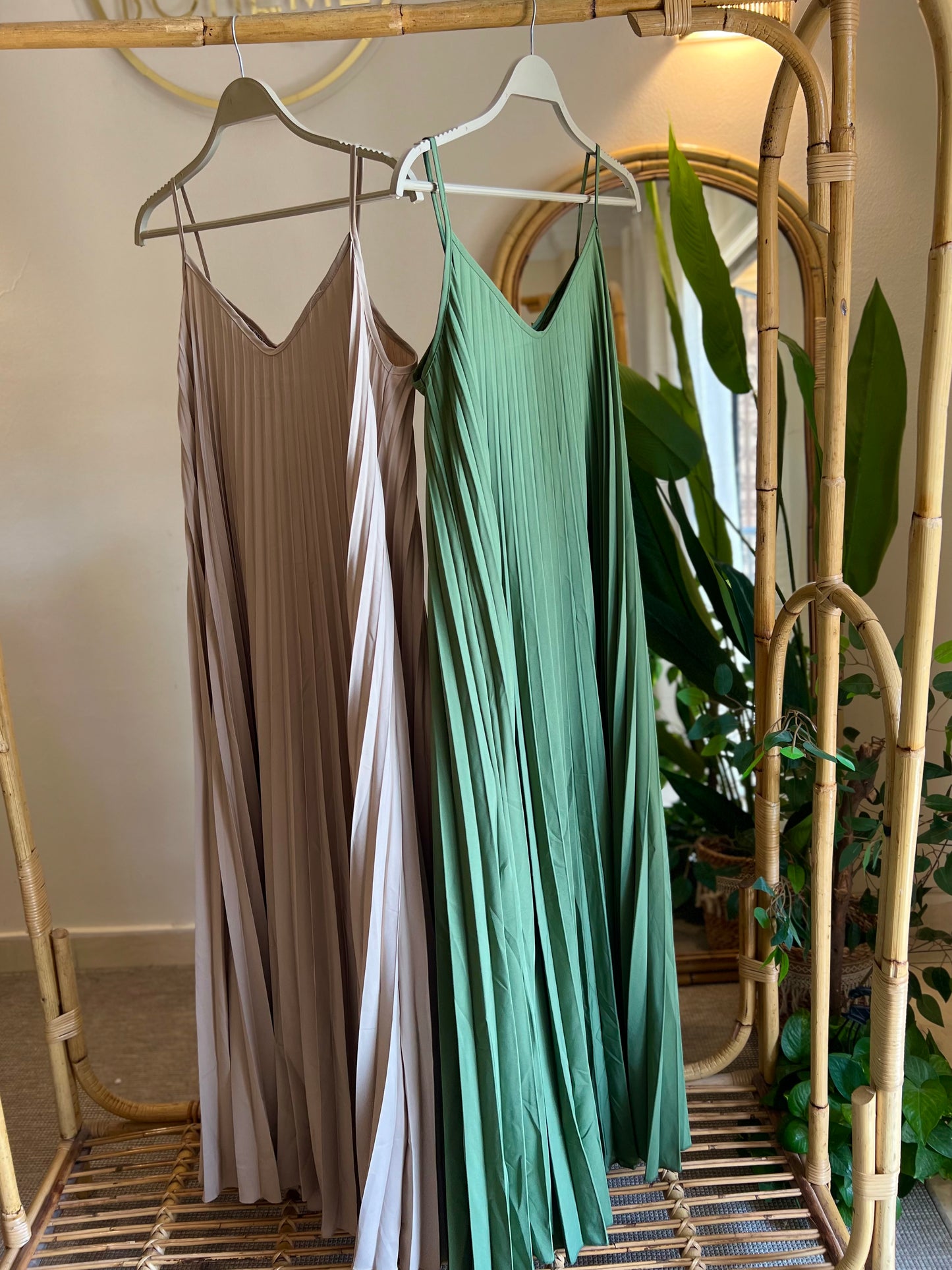 Beige Pleated Straps Italian Dress