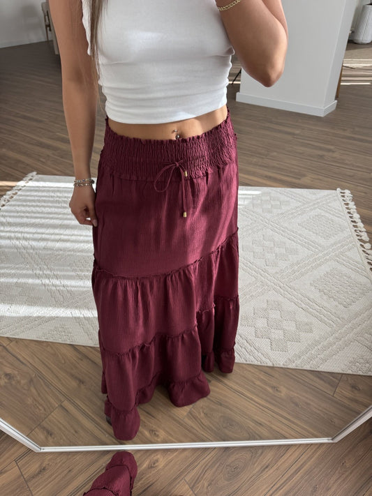 Burgundy Ruffled Elastic Waist Skirt