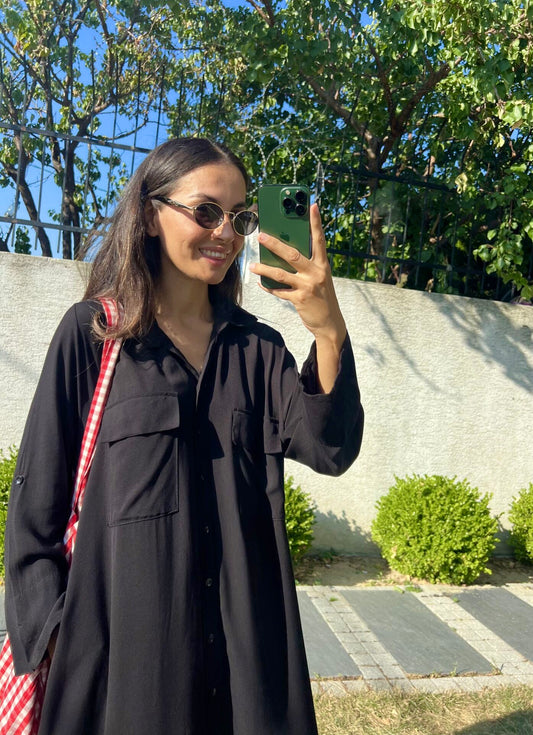 Black Linen Shirt Dress With Pockets