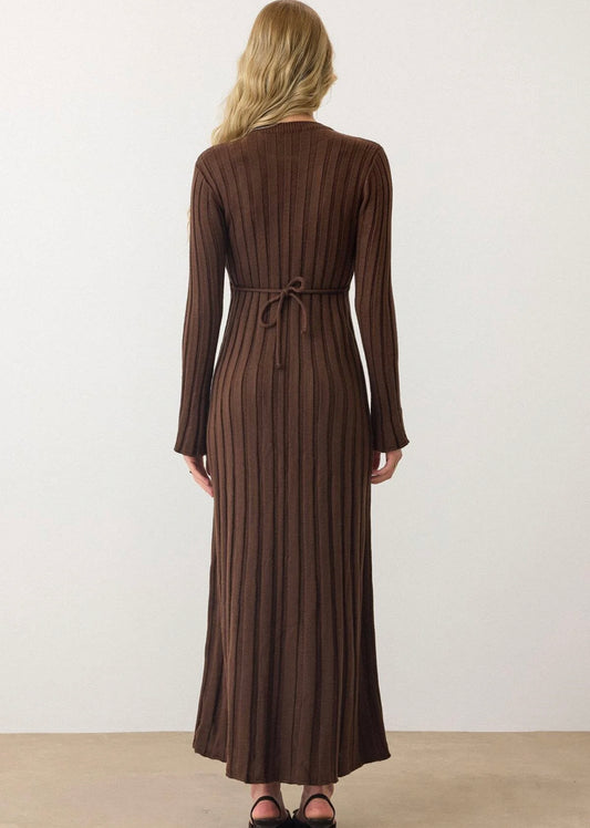 Brown Triko Ribbed Dress With Waist Tie