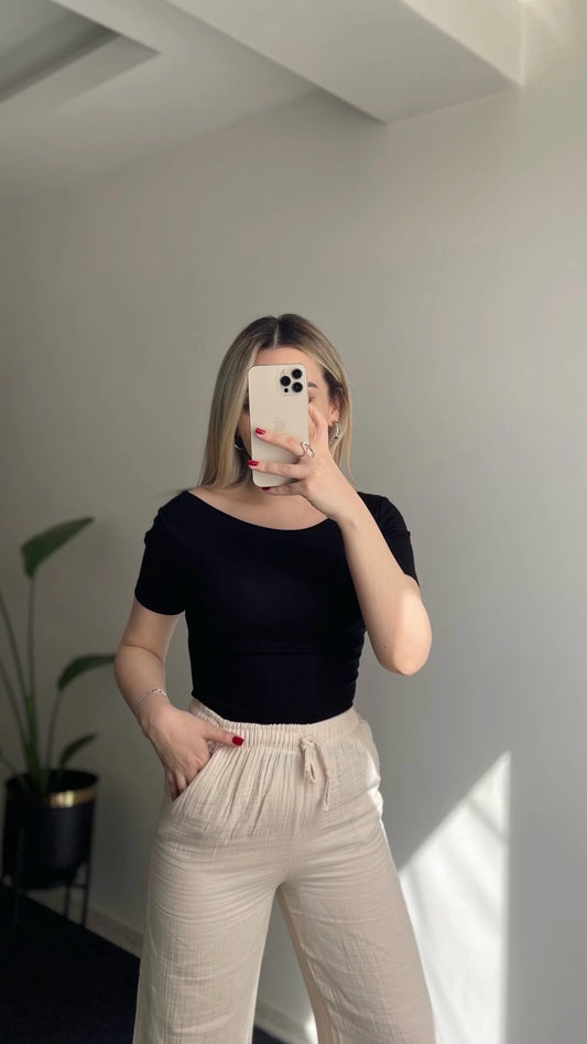 Black Basic Cotton Boat Neck T-Shirt Top