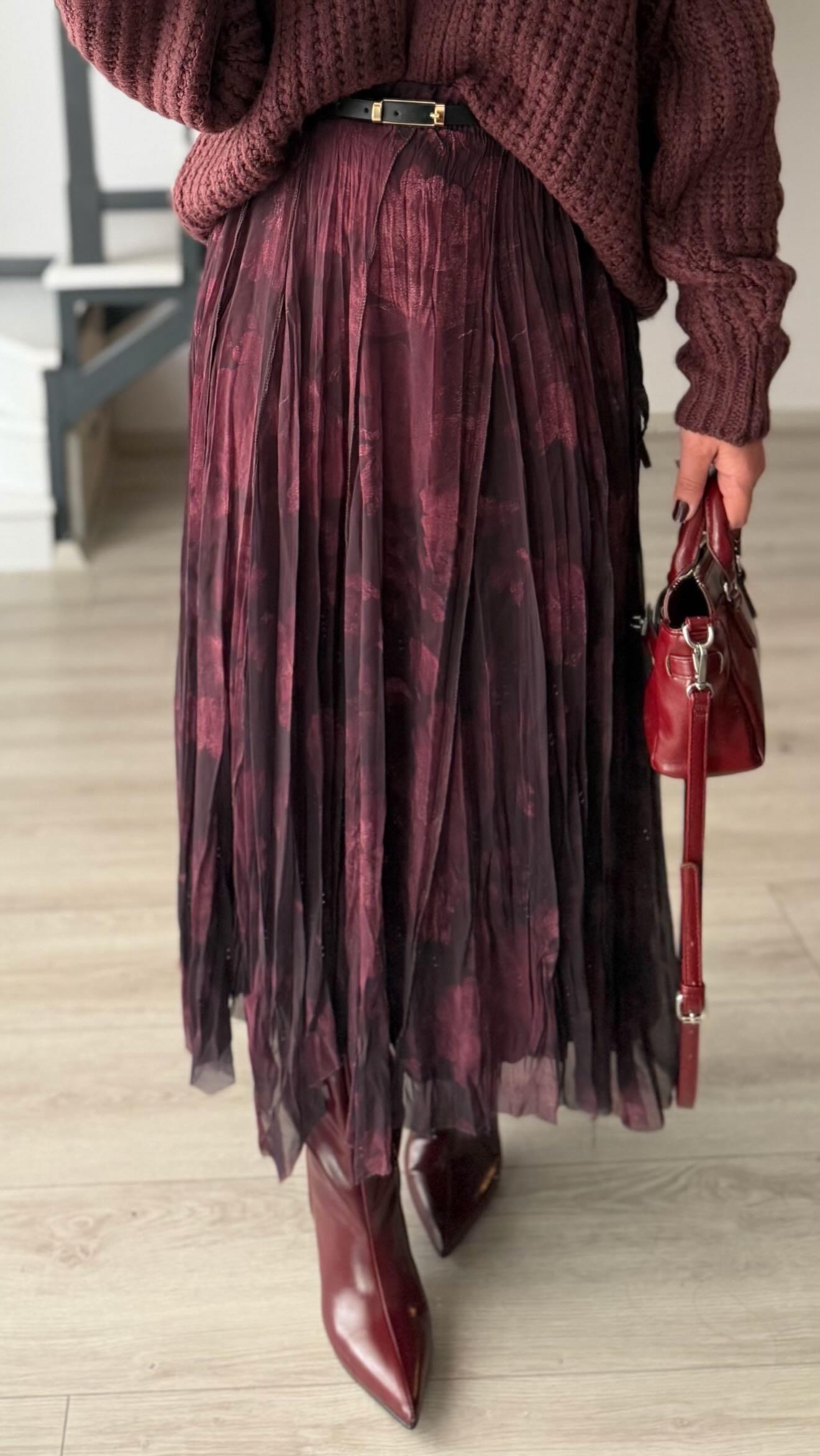 Marble Burgundy Asymmetrical Chiffon Skirt