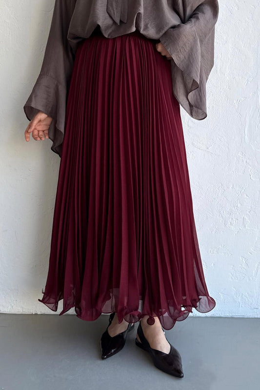 Burgundy Chiffon Pleated Flowy Skirt