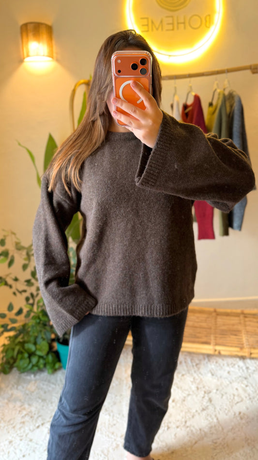 Brown Oversized Pullover With Bell Sleeves