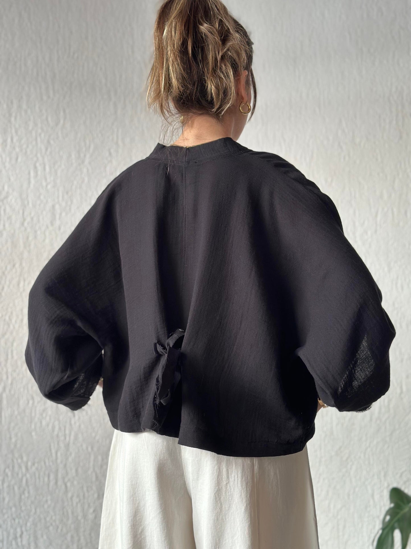 Black Muslin Cotton Blouse With Back Ties