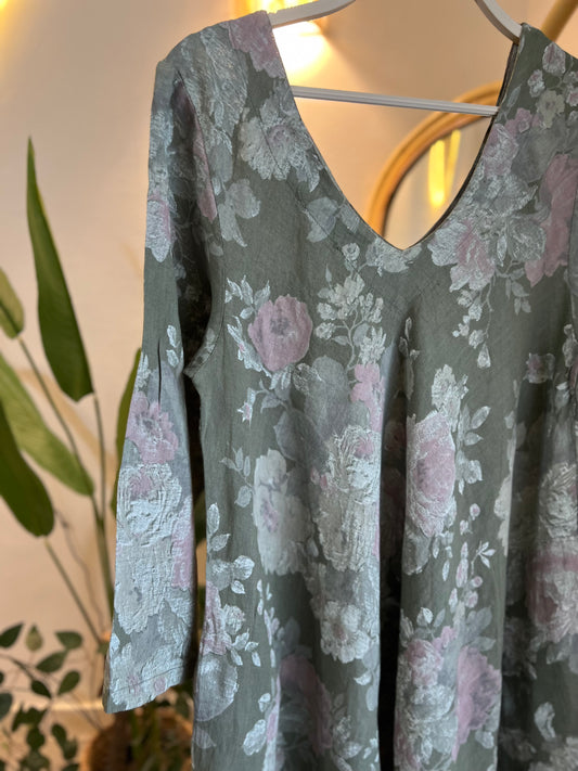 Italian Linen Olive Floral Dress