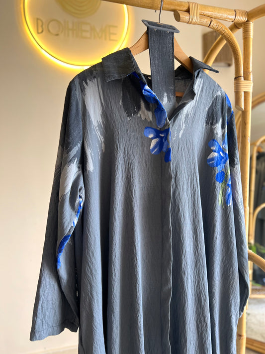 Grey X Blue Floral Belted Shirt Dress