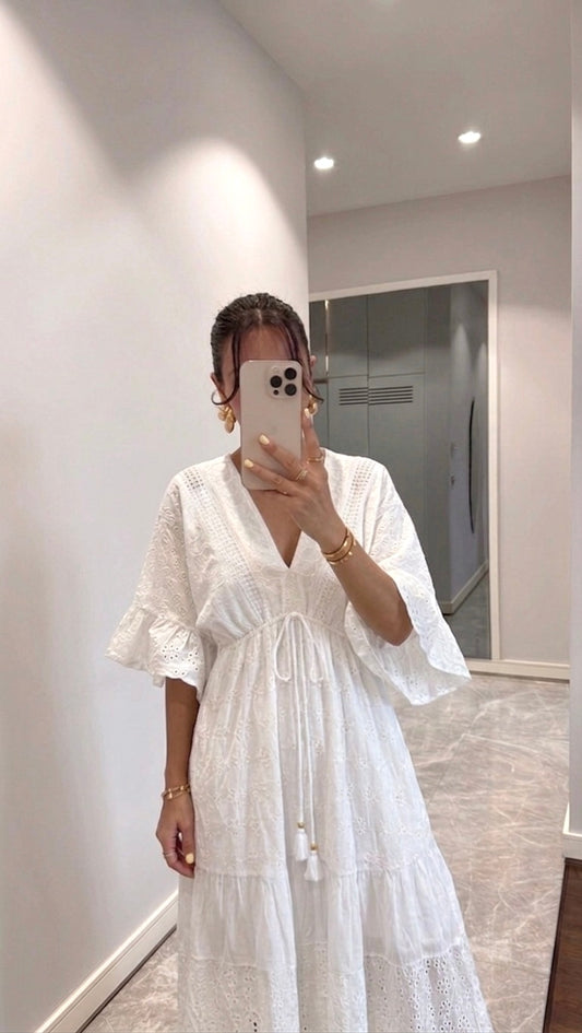 White Eyelet Embroidery Dress With Butterfly Sleeves
