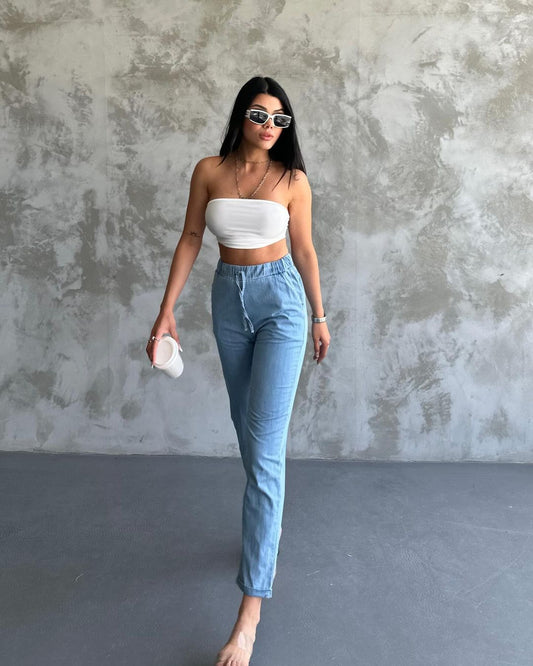 Blue Cotton Pants with Elastic Waist