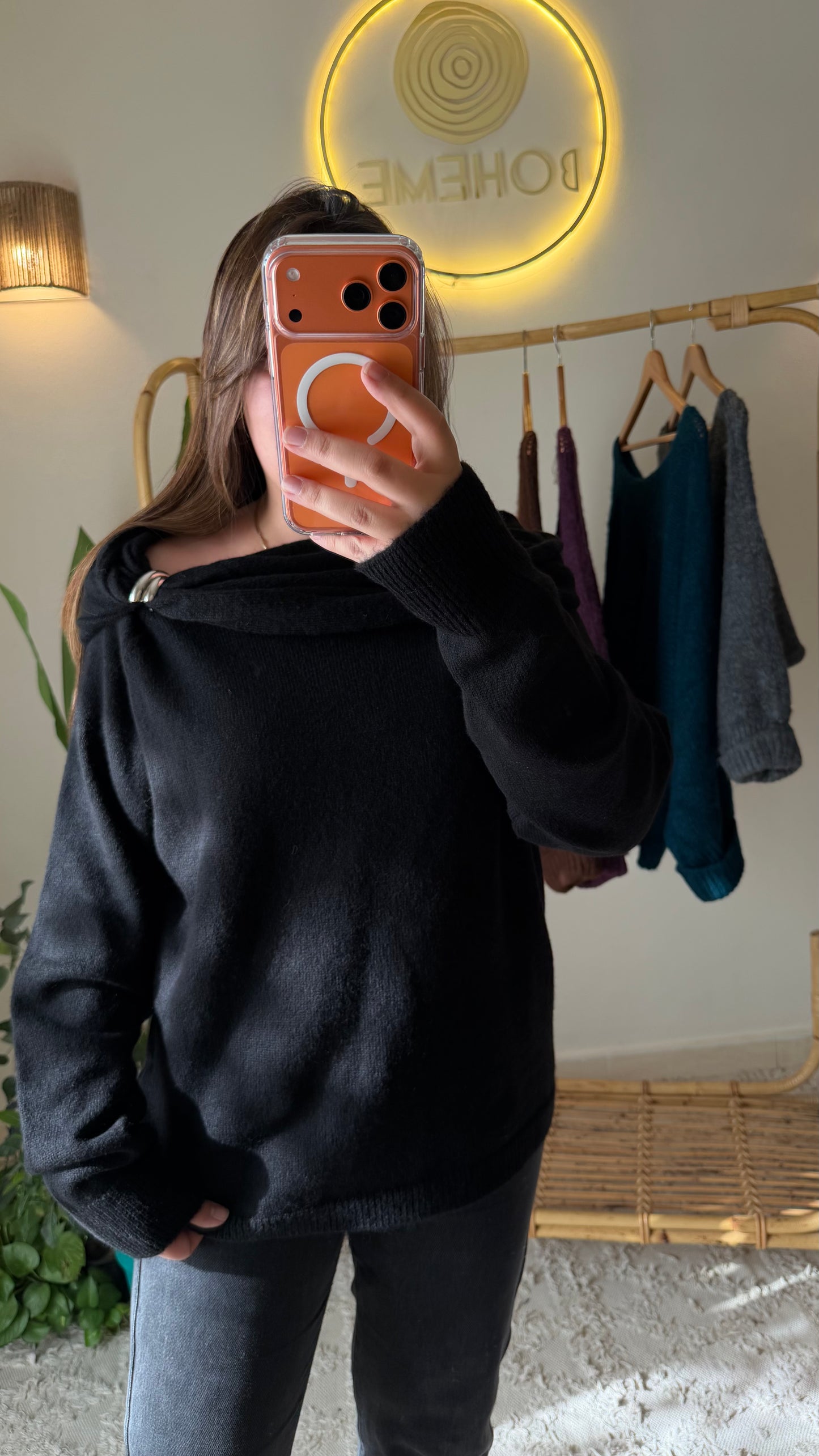 Black Draped Shoulder Pullover With Silver Appliqué