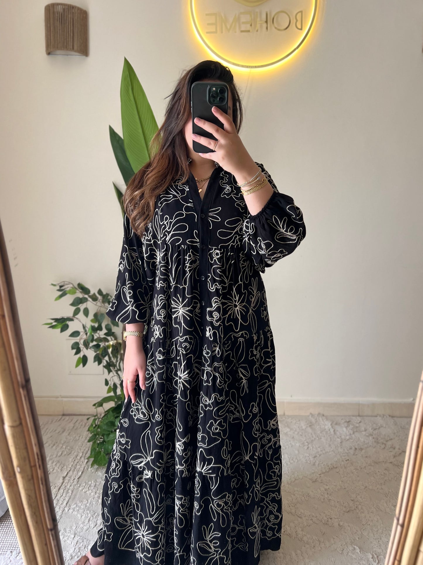 Black Embroidered Floral Cotton Wide Dress