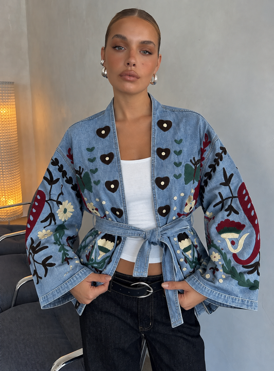 Blue Fully Embroidered Denim Belted Jacket