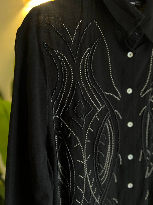 Black Silver Linen Beaded Shirt