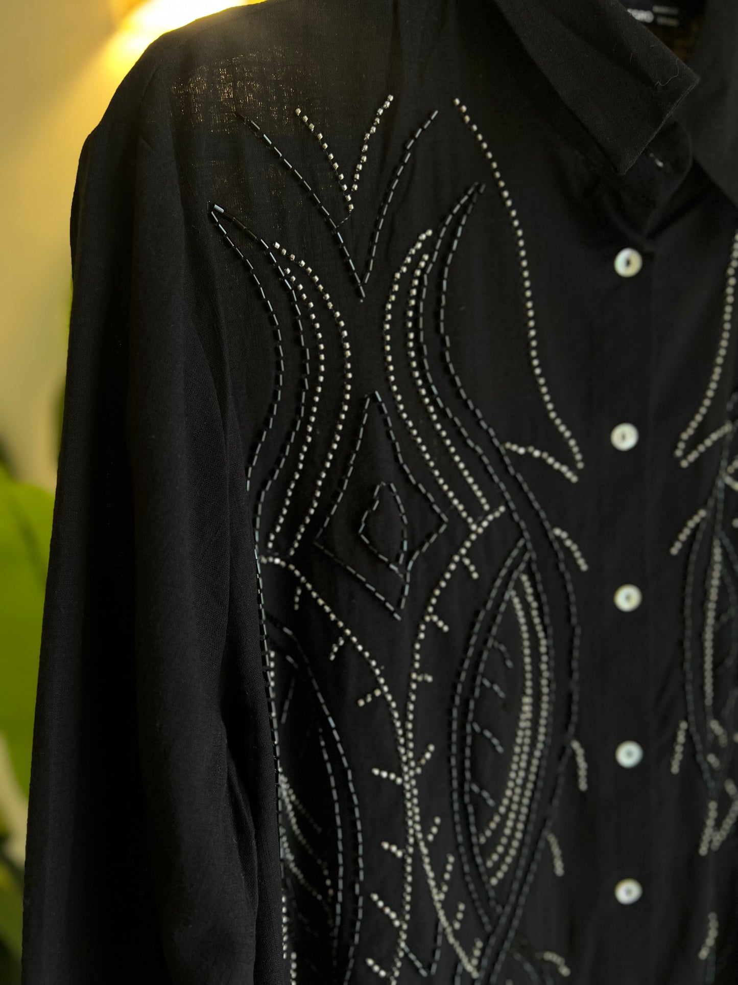 Black Silver Linen Beaded Shirt