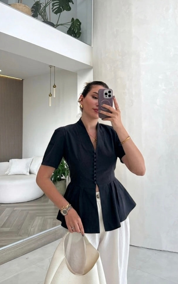 Black Linen Half Sleeves Blouse