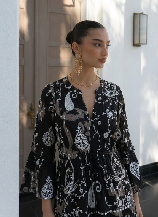 The French Black Embroidered Paisly Dress