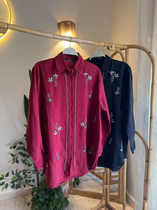 Burgundy Linen Bead-Embellished Shirt