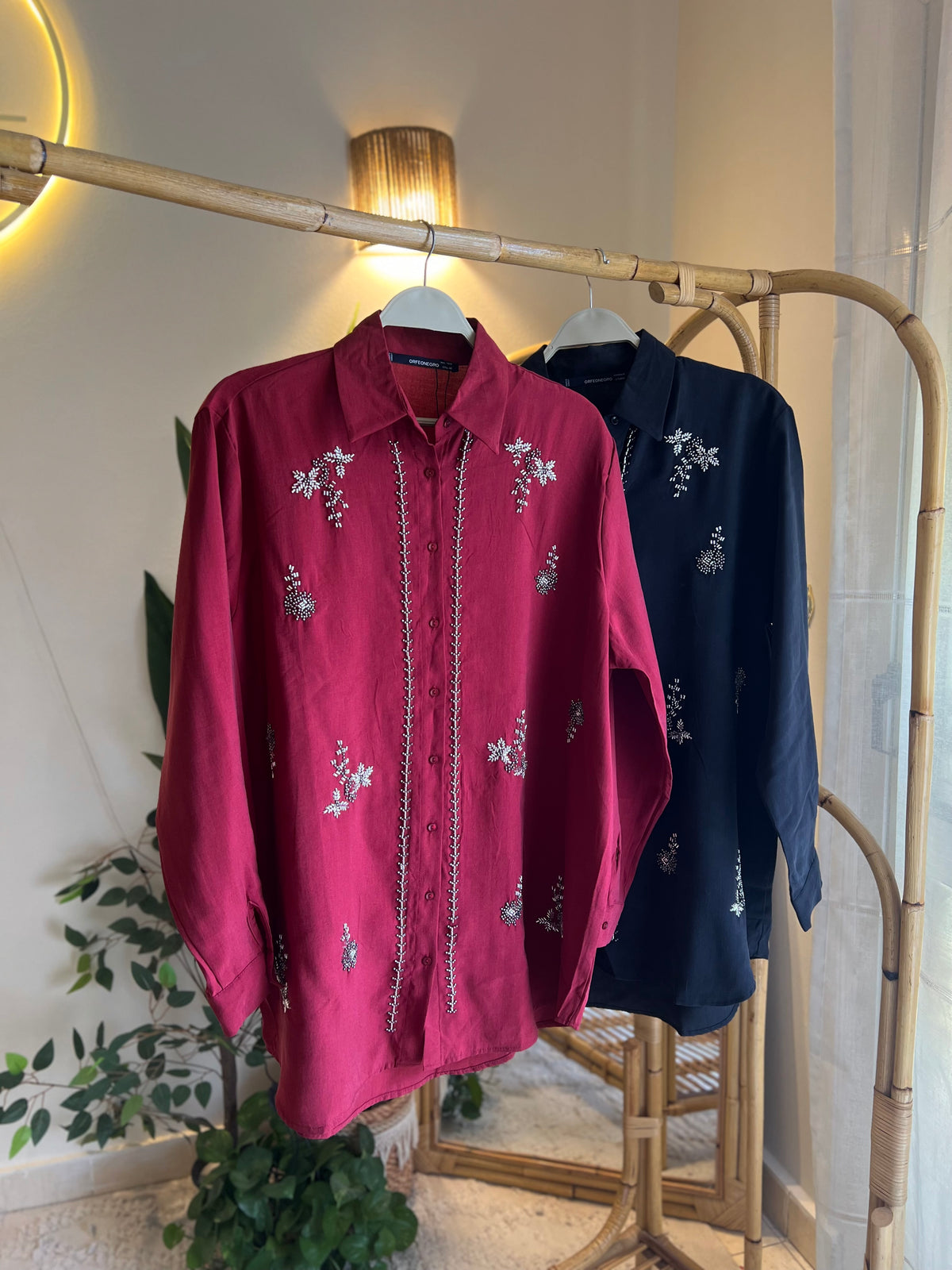 Burgundy Linen Bead-Embellished Shirt