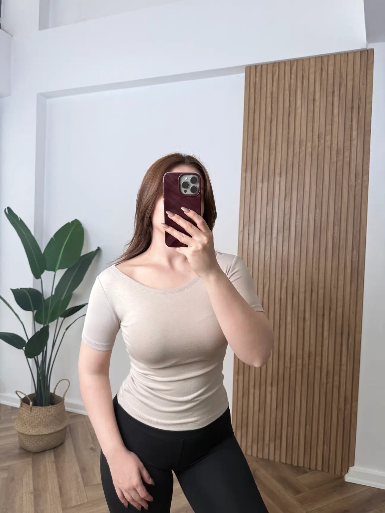 Beige Basic Cotton Boat Neck T-Shirt Top