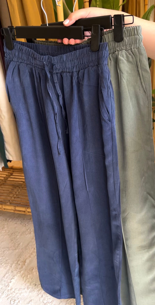 Washed Olive Wide Pants With Elastic Waist