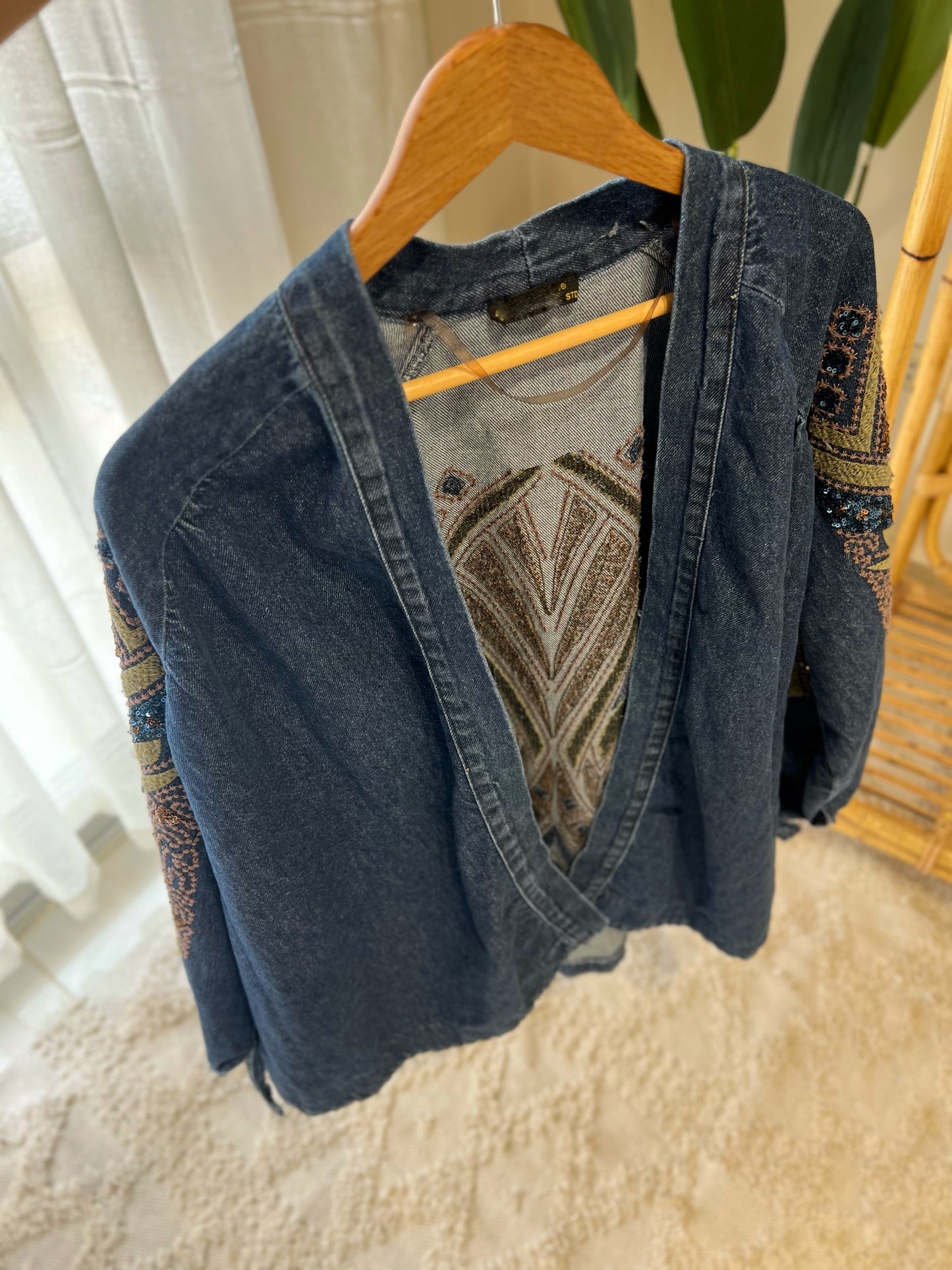 Dark Blue Denim Embroidered Sequin Kimono