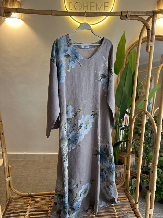 Italian Linen Cafe Floral Maxi Dress