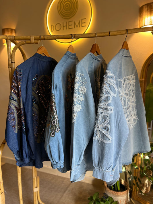 Light Blue Denim Embroidered Floral Kimono