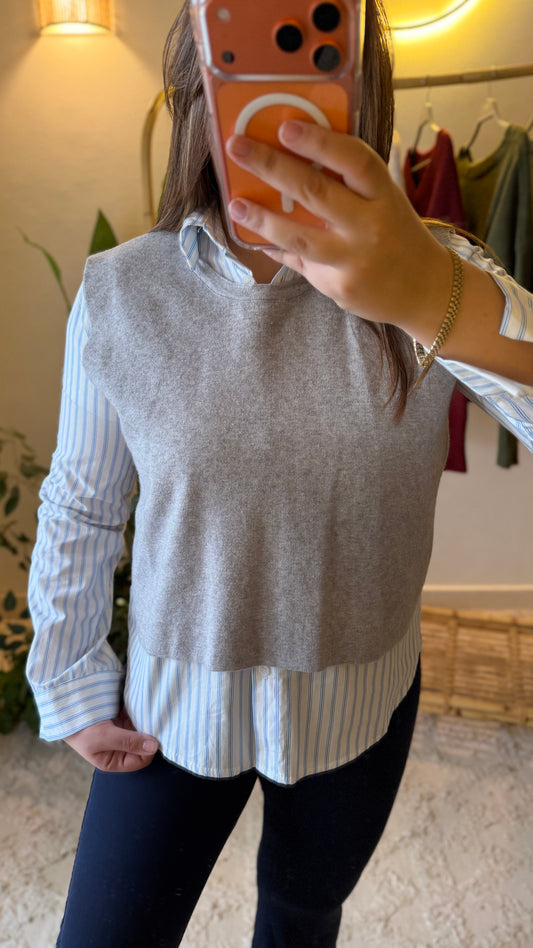 Grey Vest With Ties + Striped Black Cotton Shirt