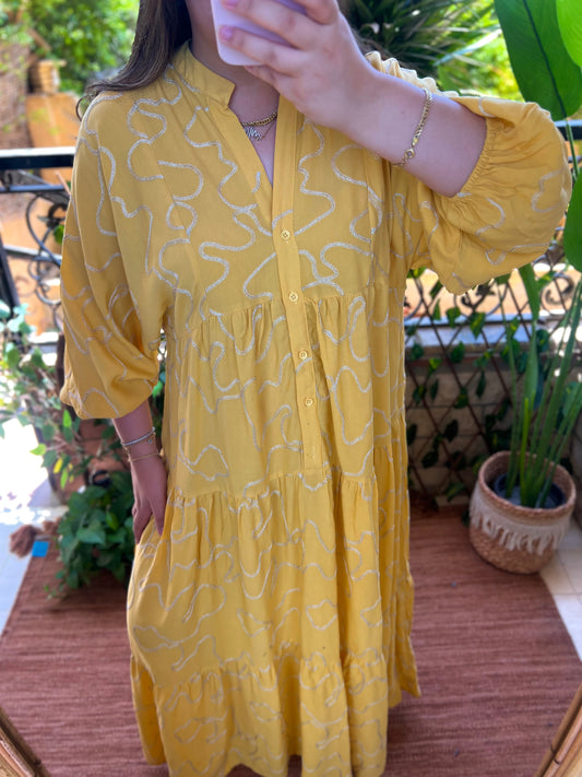 Yellow Gold Embroidered Cotton Wide Dress