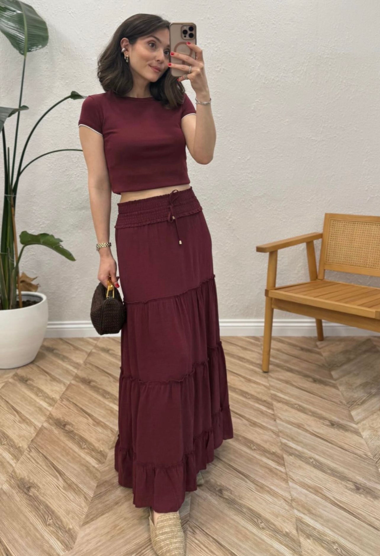Burgundy Ruffled Elastic Waist Skirt