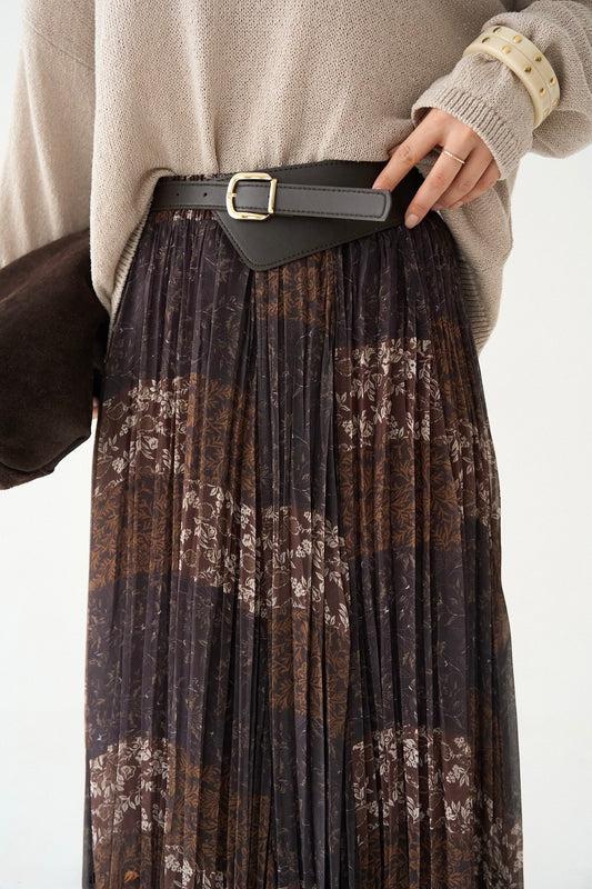 Brown Patchwork Asymmetrical Chiffon Skirt With Leather Belt