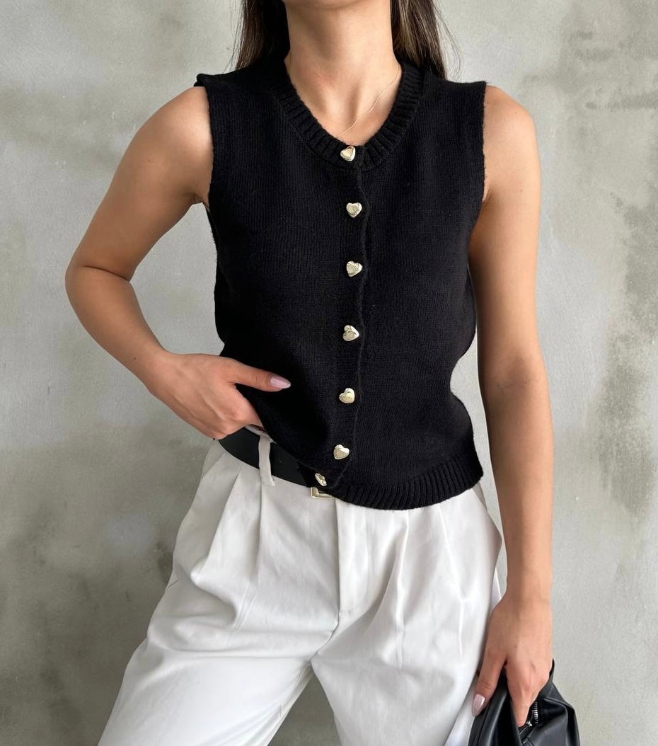 Black Vest With Golden Heart Buttons
