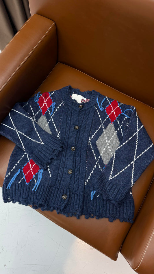 The Vintage Blue & Red Fringed Cardigan