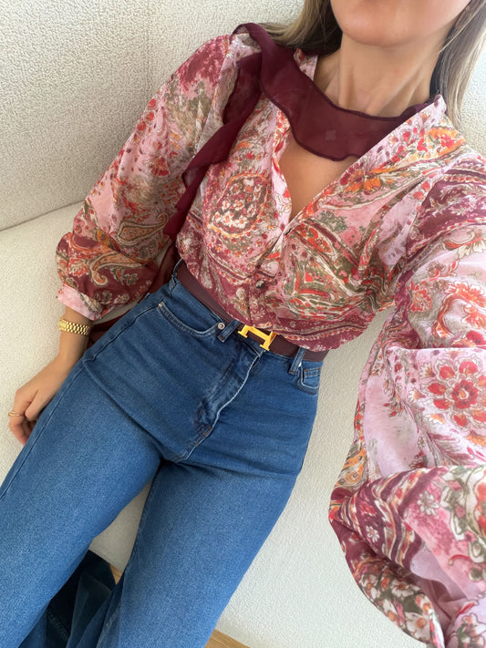 Burgundy Chiffon Vintage Blouse With Ribbons
