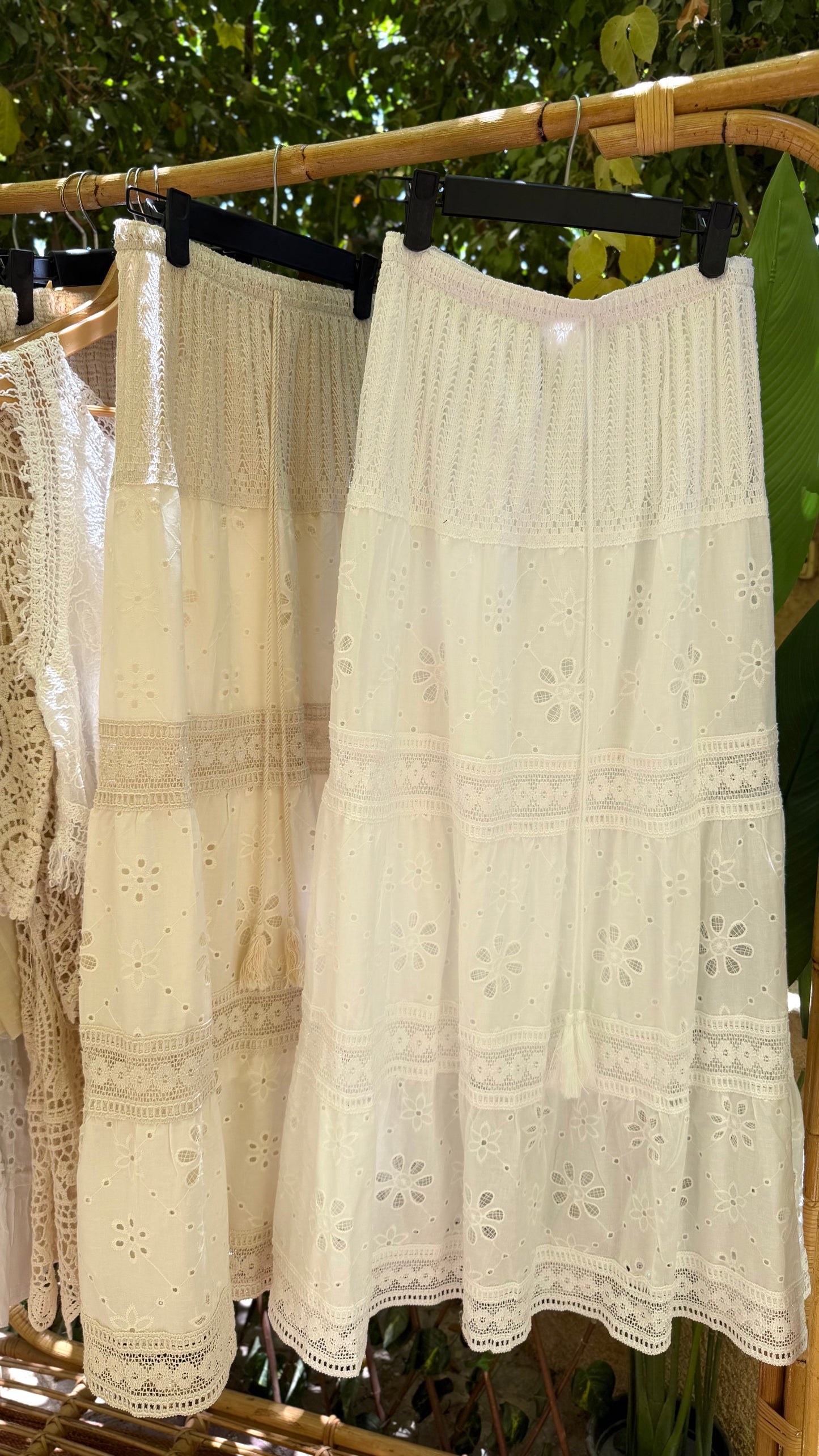 White Cut Out Embroidery Floral Skirt With Tassels