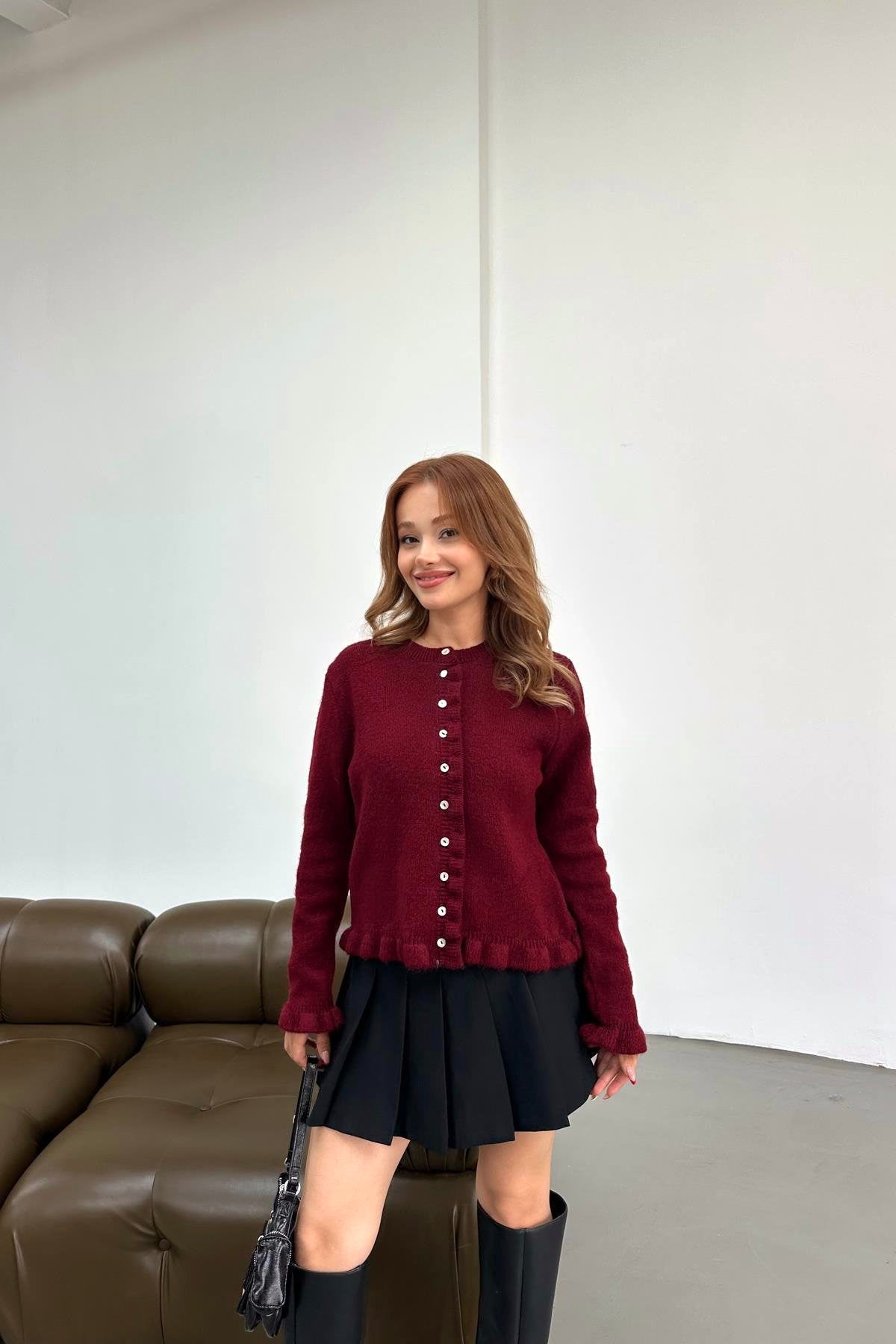 Burgundy Ruffled Cardigan