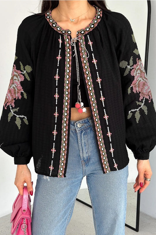 Tasseled Black Embroidered Cardigan