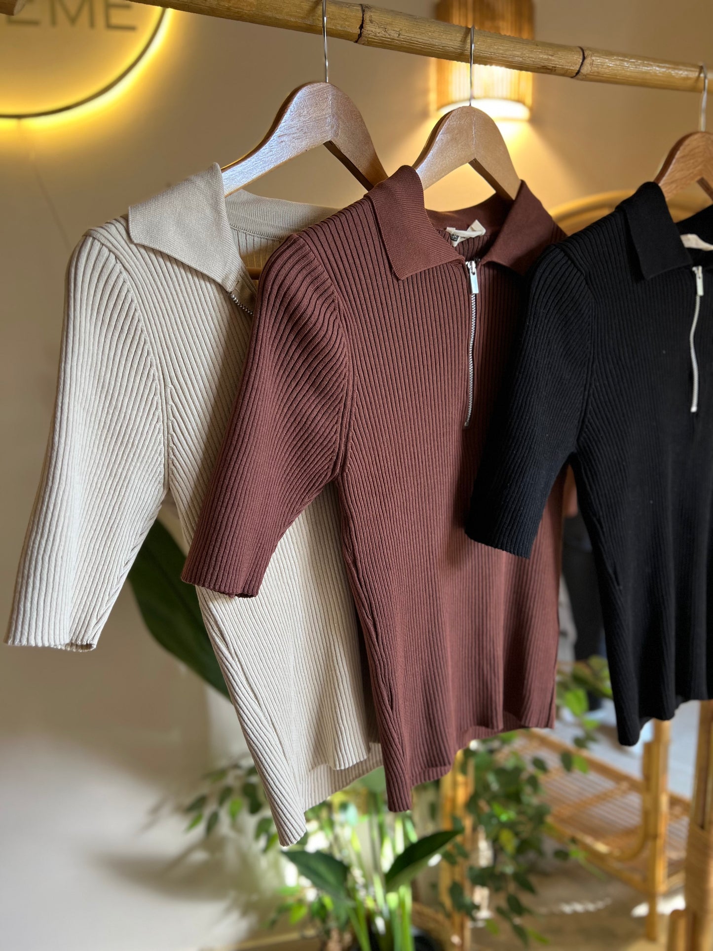 Black Quarter-Zip Neck Ribbed Top