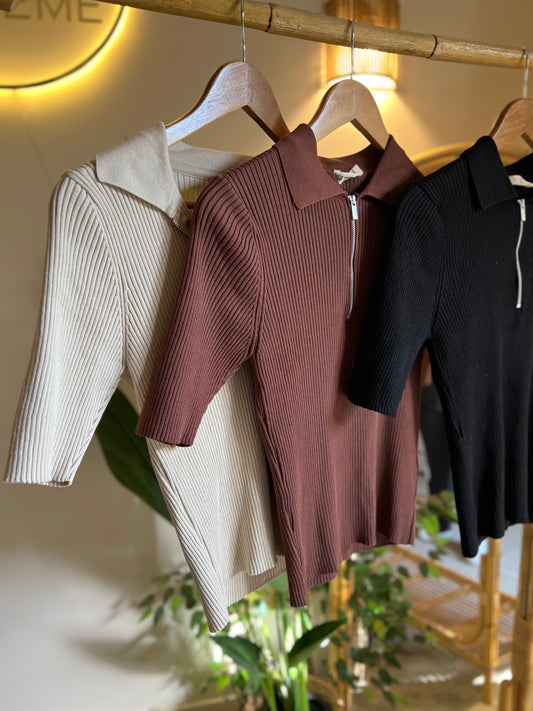 Black Quarter-Zip Neck Ribbed Top