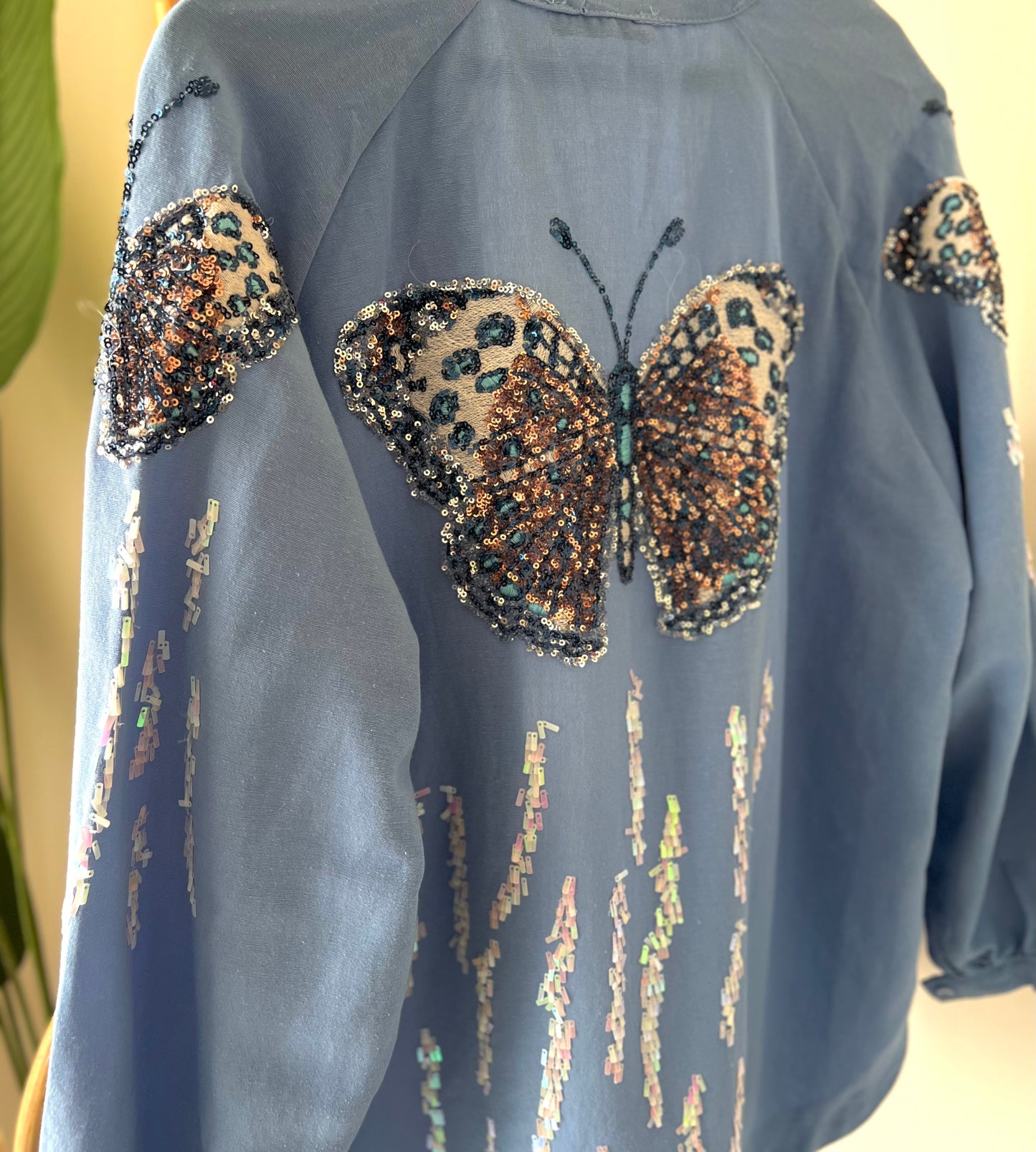 Linen Embroidered Butterfly Blue Kimono