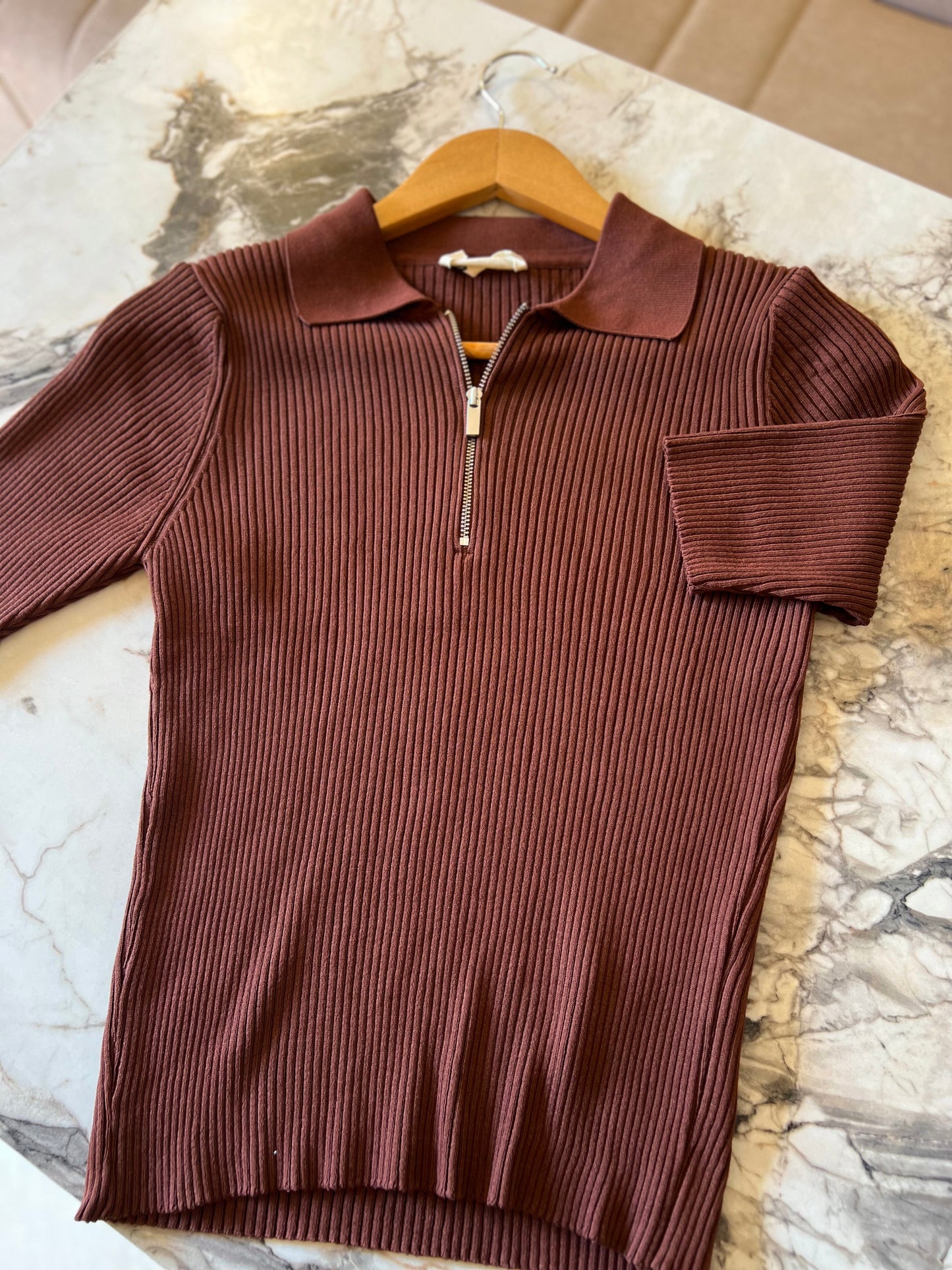 Brown Quarter-Zip Neck Ribbed Top